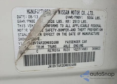 2014 Infiniti Q50 Base z USA, uszkodzony, nr VIN JN1BV7AR2EM692488